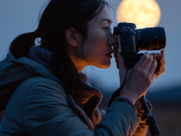 Jeune femme photographiant la lune